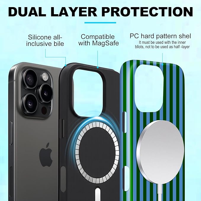 Magnetic for iPhone 11 Case Cute Stripes Phone Case, Shockproof Slim TPU and Hard PC Protective Phone Cover Compatible with MagSafe Designed for Women Girls, Green and Blue