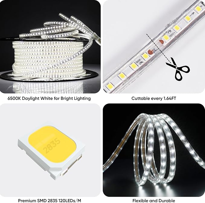 Shine Decor LED Strip Light 150FT 120VAC, Super Bright 19012 Lumens Dimmable, IP65 Waterproof for Outdoor Indoor, 6500K Cool White Every 1.6ft Cuttable Lighting Rope 6x10mm, ETL Listed 45M