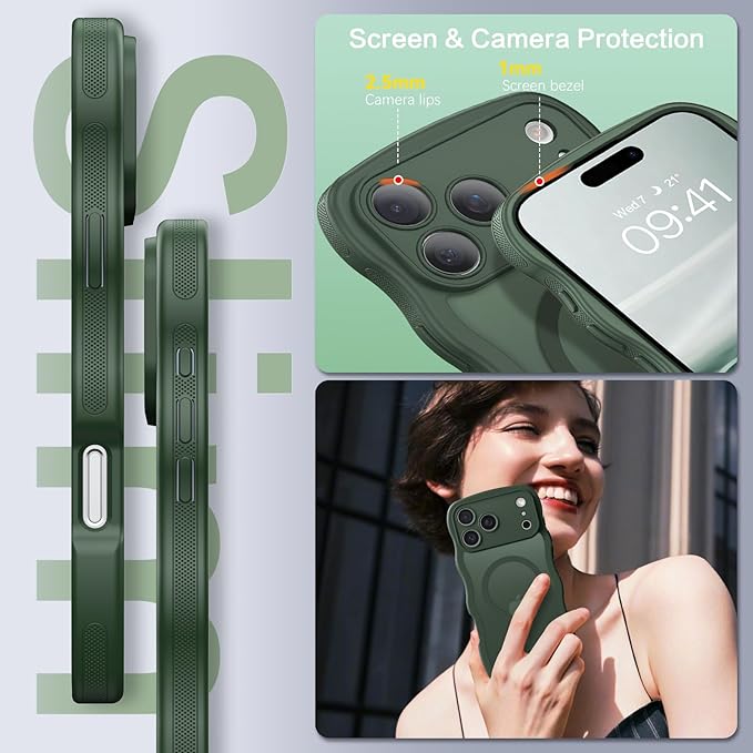 BENTOBEN Magnetic for iPhone 17 Pro Max Case, Cute Wavy [Full Camera Protection][Compatible with MagSafe] Matte Anti-Slip Bumper Women Girls Boys Protective Cover for 17 ProMax 6.9", Deep Green
