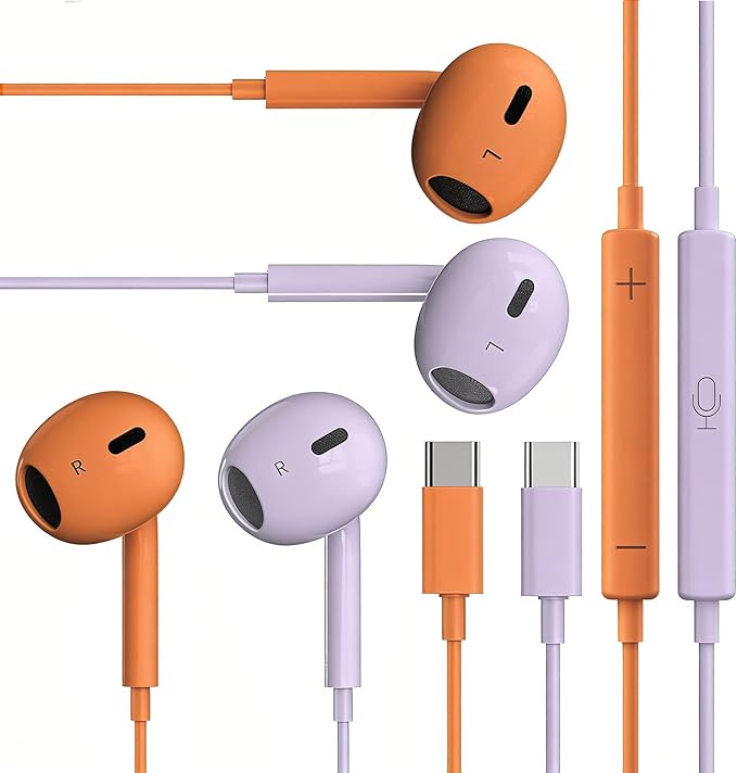 2 Packs USB C Headphones，Type C for iPhone Wired Headphones for iPhone 16/15/17 Earbuds with Mic and Volume Control，Hi-Fi Stereo In Ear Earphones for Galaxy S24/S23~S20/Note 10/20 (Purple+Orange)
