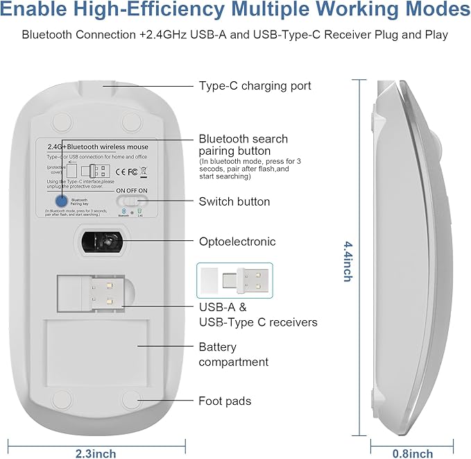 Kovess Wireless Bluetooth Mouse for Mac Air MacBook Pro Laptop PC Pad Optical Rechargeable Silent Mouse with Jiggler Mode Dual Mode Switch Bluetooth 5.2/3.0 and 2.4G USB-A & USB-C Receiver White