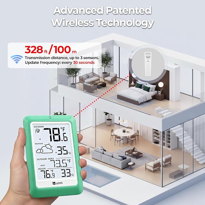 Indoor Outdoor Thermometer Wireless, Temperature Humidity Monitor Battery Powered Inside Outside Thermometers with 330ft Range Remote Sensor(Green)
