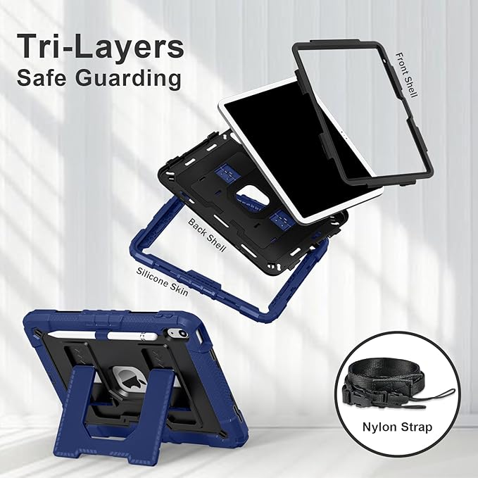 Kids Friendly Case for iPad A16 11th Generation 11 Inch 2025 / iPad 10th Generation 10.9" 2022 Case with Pencil Holder & Shoulder Strap, Hybrid iPad 11 10 Cover Rugged Shockproof Kickstand,Blue+Black