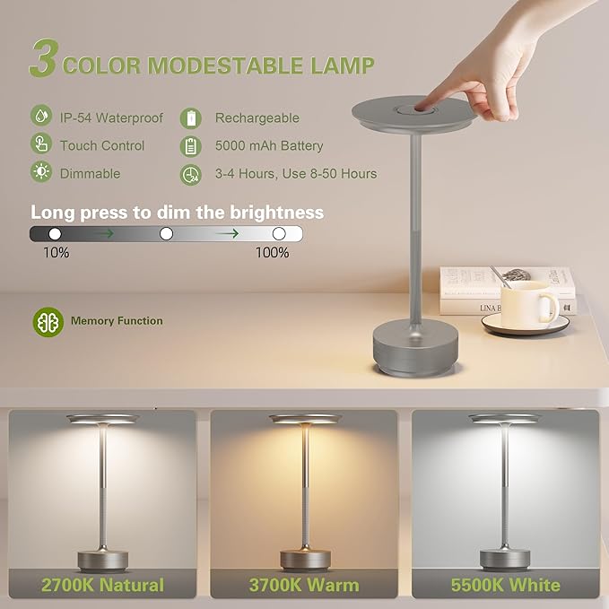 Cordless Table Lamps, LED Rechargeable Outdoor Waterproof Portable Touch Battery Table Lamps with Memory Function, Built-in 5000mAh,Battery for Patio/Campsite/Work(Silver)
