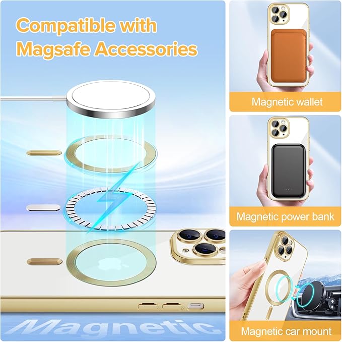 Hython Magnetic Clear for iPhone 11 Pro Max Case with Camera Lens Protector [Compatible with MagSafe] Plating Edge Slim Soft TPU Cover Protective Phone Case for iPhone 11 Pro Max 6.5", Matte Gold