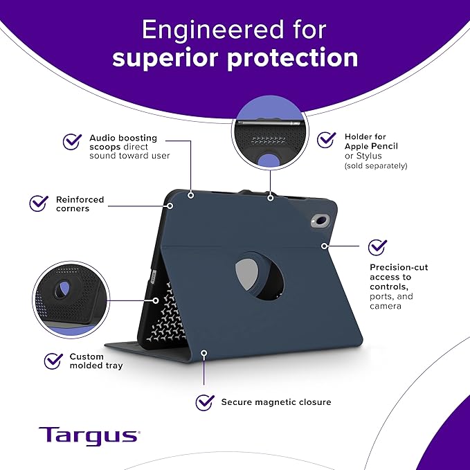 Targus VersaVu iPad 10th Generation Case 2022 iPad 10.9 Inch Case, iPad 10 Case 360 Degree Rotating Military Grade Drop Protection Cover for 10.9” iPad 10th Gen 2022 Magnetic Close, Purple(THZ93507GL)