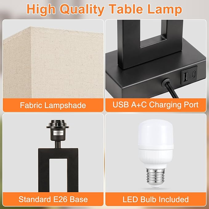 Seealle 22" Tall Living Room Lamps for Night Stands - Touch Bedside Lamp with USB C+A, 3 Way Dimmable Bedroom Lamps for End Tables Set of 2, Modern Night Stand Lamps for Bed Side(Beige&Black)
