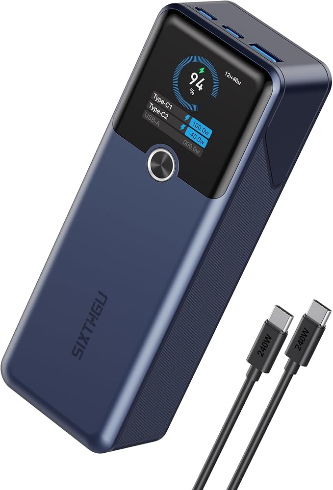 SIXTHGU Laptop Power Bank, 3-Port 20,000mAh Portable Charger with 200W Max Output, PD 3.1 Fast Charging, Flight-Approved for Travel, PowerTower, for MacBook, iPhone 17/16 Series, and More (Blue)
