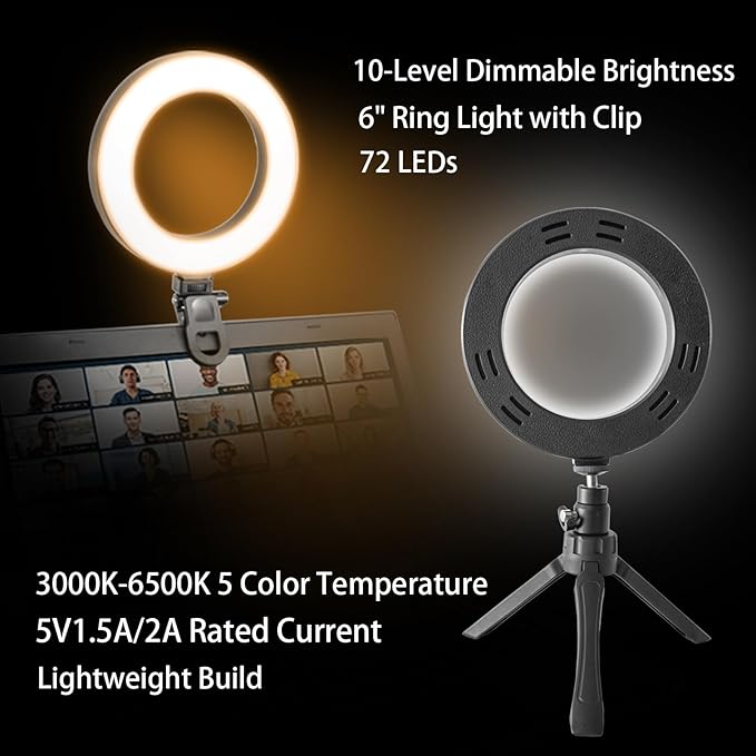 6" Ring Light Video Conference Kit, 5-Color 10-Brightness Clip-On Light with Stable Ring-Light Clamp & 5" Tripod, Desk/Zoom/TikTok, Makeup Light, Selfie Light