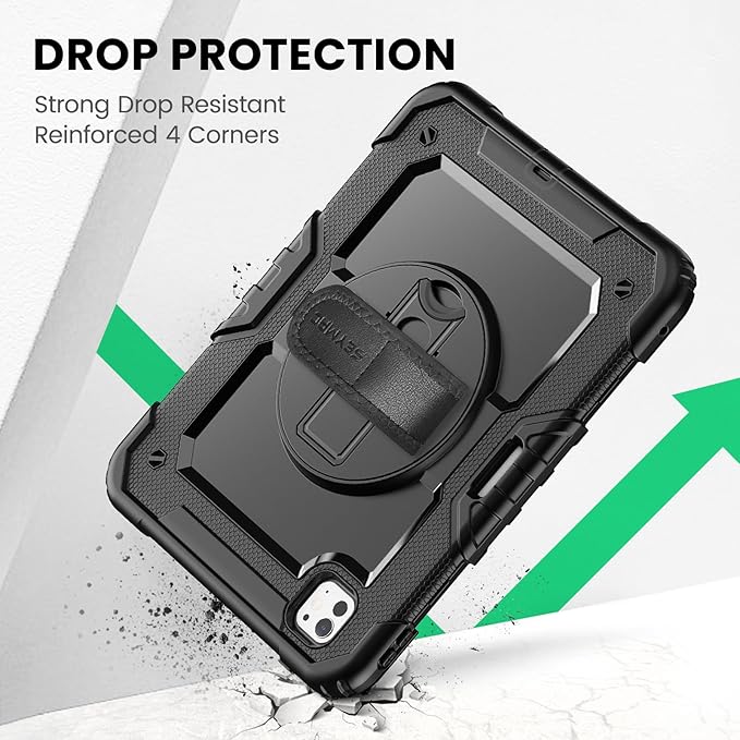 SEYMAC for iPad Pro 11 Inch Case M5 2025 / M4 2024, Heavy Duty Shockproof Protective Case with Screen Protector, 360° Rotating Stand, Hand/Shoulder Strap and Pen Holder, Black