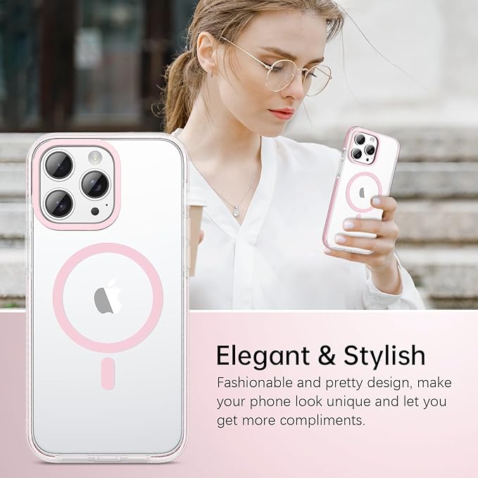 BENTOBEN Magnetic for iPhone 15 Pro Max Case 6.7", Compatible with Magsafe Military Shockproof Protective Bumper Cute Transparent Slim Anti-Yellowing Case for iPhone 15 Pro Max Cover, Clear Pink