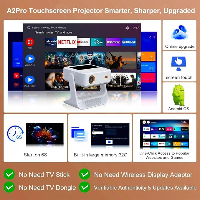 【Touch Screen/APP Store/800 ANSI/Auto Focus】Portable Projector, Full HD 4K Support Smart Video Projector, WiFi 6 Bluetooth for Home Theater/Gaming/Outdoor (180° Stand & 300 ''Display)