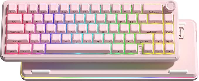 Keymatic 65% Layout Wireless Mechanical Keyboard,Cute Crystal Gaming Keyboard with Knob, Hot Swappable Pre-lubed Switches,Gasket Mounted RGB for Win/Mac,Pink