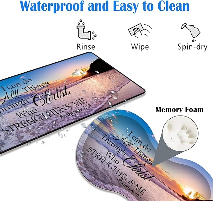 3 Piece Mouse Pad Set with Stitched Edge Large Anti-Slip Mouse Pad Desk Pad Keyboard Pad + Wrist Rest Pad + Coaster, Memory Foam Wrist Rest for Office/Home, Bible Verse Philippians 4-13