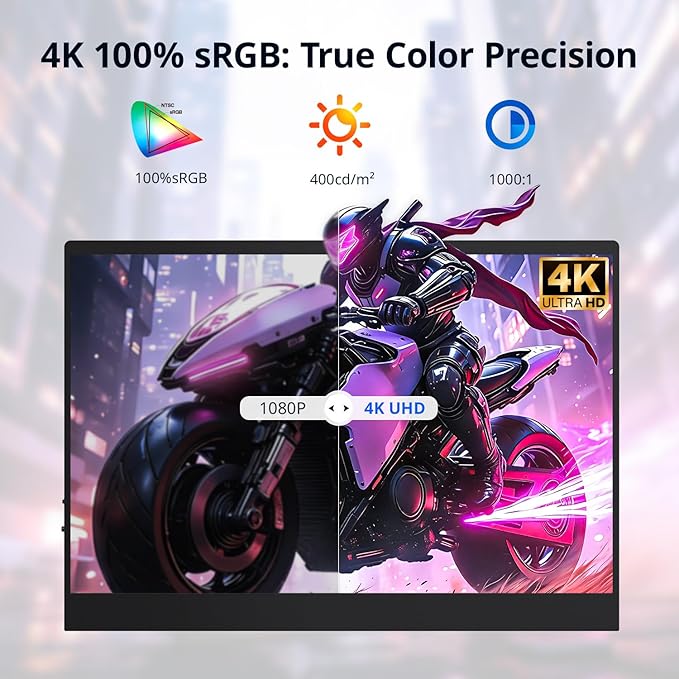 AYY 4k Portable Monitor Touchscreen, 13.4" 3840x2160 Second Screen 100% sRGB,400cd HDR USB C Ultra Slim IPS Laptop Monitor, for Mac Switch
