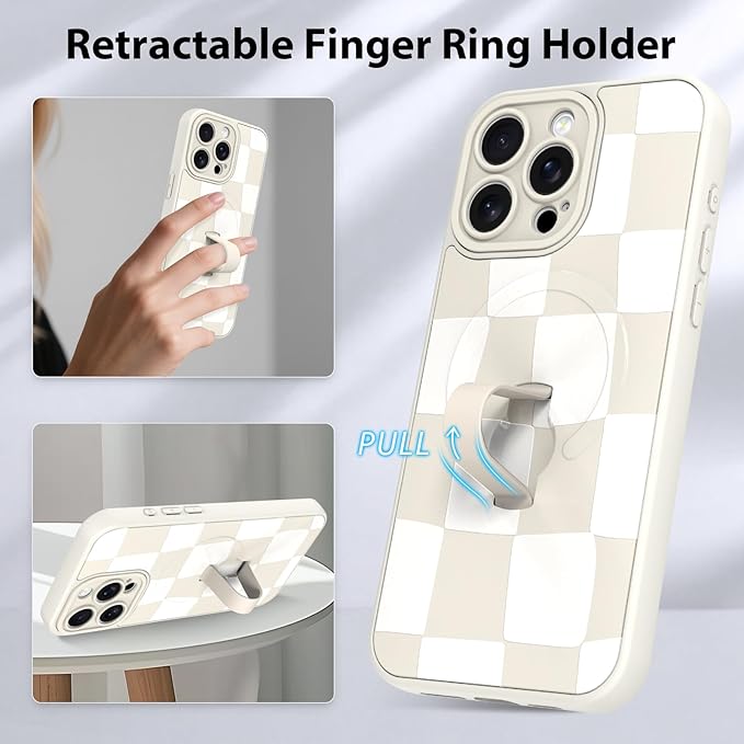 KANGHAR Compatible with iPhone 15 Pro Case, Support for MagSafe, Silicone Checkered Cute Pattern, Wristband Kickstand Camera Protection Soft Slim Cover for Girls Women -White