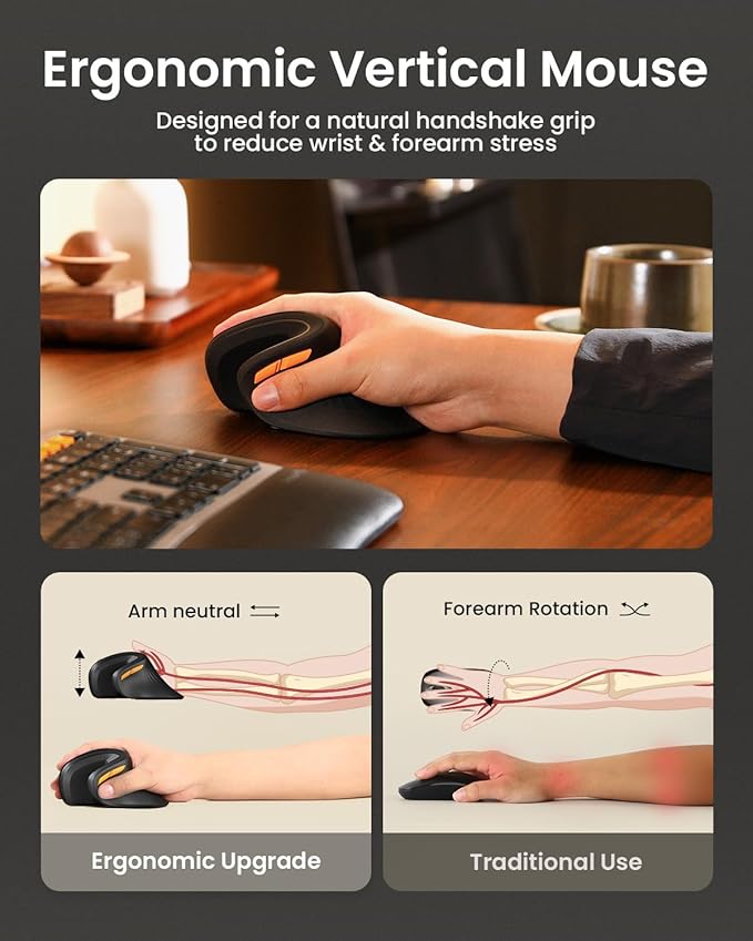 ProtoArc Ergonomic Mouse, EM11 NL Bluetooth Rechargeable Wireless Vertical Mouse, 3 Multi-Device Connectivity for Computer/PC/Laptop, 2.4GHz USB-A Optical Mice for Windows, Mac OS, Black