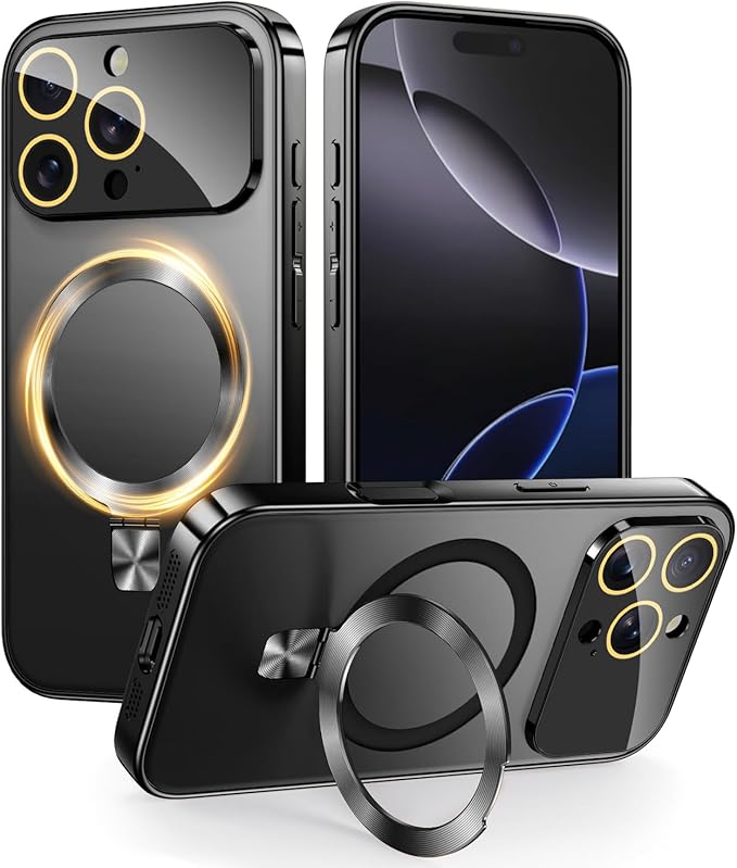 TOBOVON Magnetic for iPhone 16 Pro Max Case with Ring Stand, Fits MagSafe, with Built-in Camera Lens Protector, Slim Electroplated Shockproof Phone Cover, Black