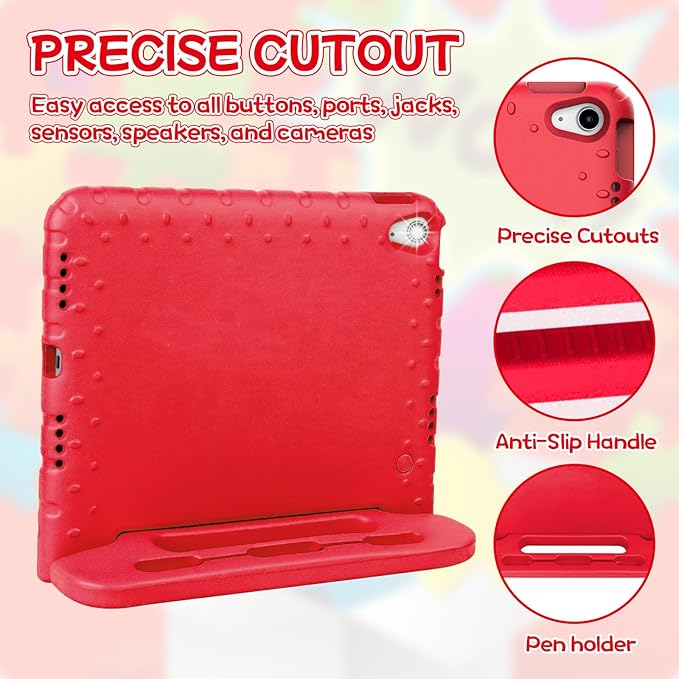 Kids Shockproof Case for iPad A16 (2025)/iPad 10th Gen (2022) with Pencil Holder&Handle Stand, Super Protection EVA Toddler-Friendly Cover for iPad 11th (A16) 11"/10th Generation 10.9"-Red