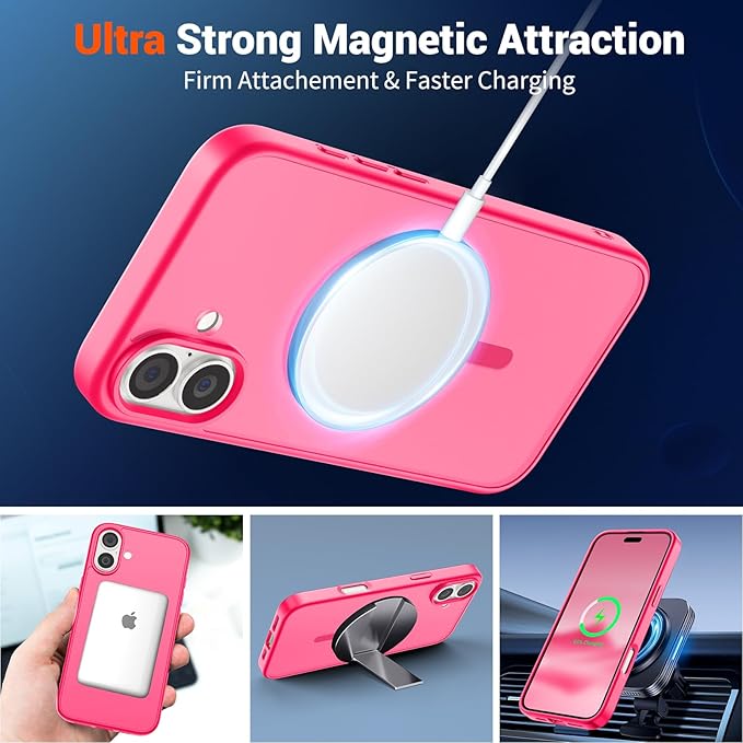 SUPFINE Magnetic for iPhone 16 Case (Compatible with MagSafe) (Military Grade Drop Protection) Slim Translucent Matte Shockproof with Anti-Fingerprint Phone Case,Hot Pink