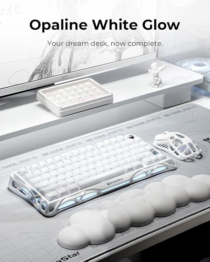 GravaStar Mercury K1 75% White Wireless Keyboard, Aluminum Alloy Exoskeleton Design Mechanical Gaming Keyboard, Gasket Hot-Swap Socket, Linear Switches, RGB Backlit