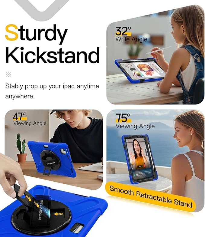 BRAECN for iPad Air 11 inch Case 2026(M4) 2025(M3) 2024(M2),iPad Pro 11 inch(4th/3rd/2nd/1st)& Air 10.9"(5th/4th) Case Protective with Pencil Holder 360°Rotating Stand Handle Strap Cover