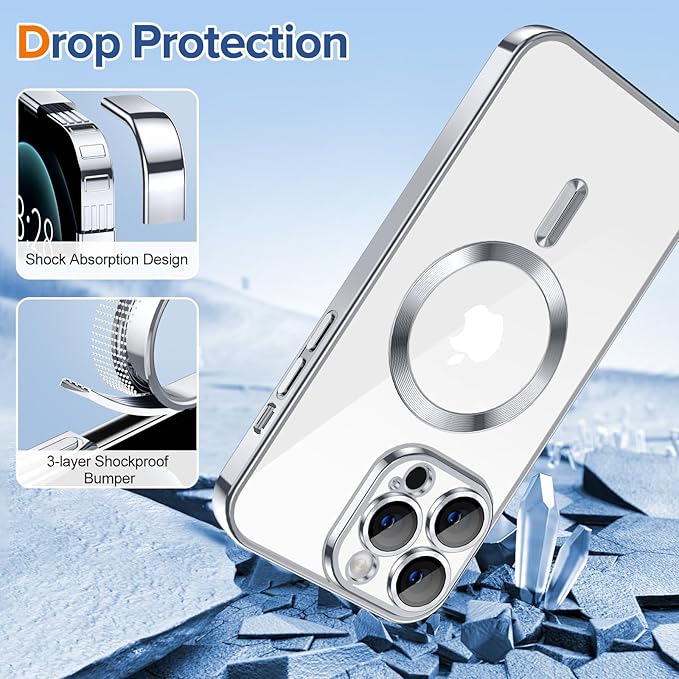 Hython Magnetic Clear for iPhone 12 Pro Case with Camera Lens Protector [Compatible with MagSafe] Luxury Plating Edge Slim Soft TPU Cover Protective Phone Case for iPhone 12 Pro 6.1", Silver