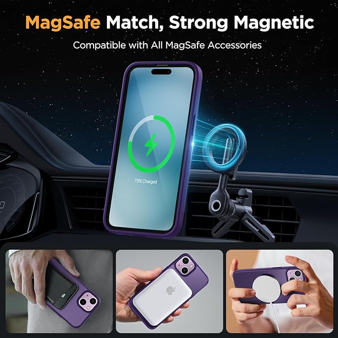 Miracase Magnetic for iPhone 15 Plus Case 6.7 inch (Compatible with MagSafe)（with 2X Screen Protectors） Military-Grade Protection, Anti-Fingerprint Translucent Matte Phone Cover, Dark Purple