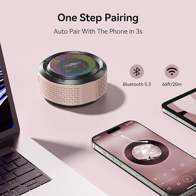 Shower Speaker, Certified IPX7 Waterproof, Mini Bluetooth Wireless Small Speaker with Lights, Suction Cup and Mic for Bathroom, Crystal Sound&Bass,12H Playtime, Ideal Electronic Gift(Pink)
