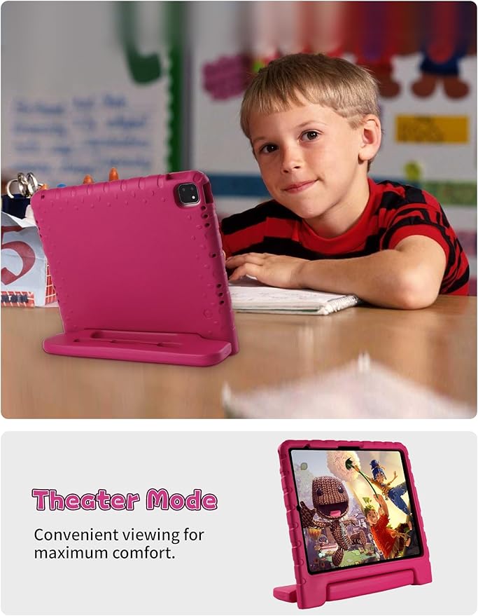 for iPad Pro 13 inch Case 2024 with Pencil Holder and Anti-Slip Hand Stand, Super Protection Rugged EVA Shockproof Kids Cover Compatible with iPad Pro 13-inch (M4)-Rose Red
