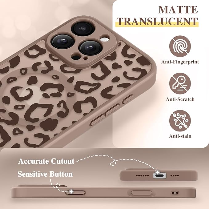 GVIEWIN for iPhone 16 Pro Case Compatible with MagSafe, [Military Grade Protection] [Screen Protector] Full Camera Protection Floral Translucent Women Magnetic Phone Case, Leopard/Brown