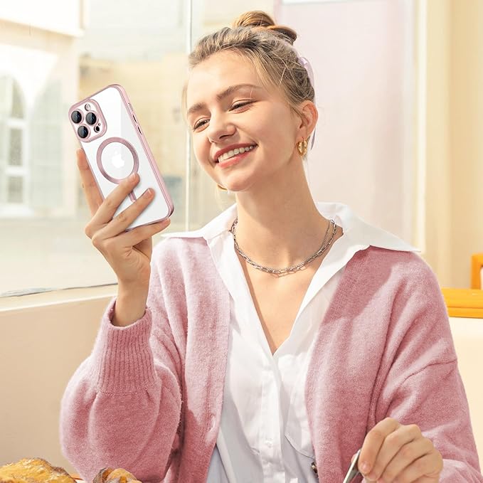 Hython Magnetic Clear for iPhone 12 Pro Case with Camera Lens Protector [Compatible with MagSafe] Luxury Plating Edge Slim Soft TPU Cover Protective Phone Case for iPhone 12 Pro 6.1", Matte Pink