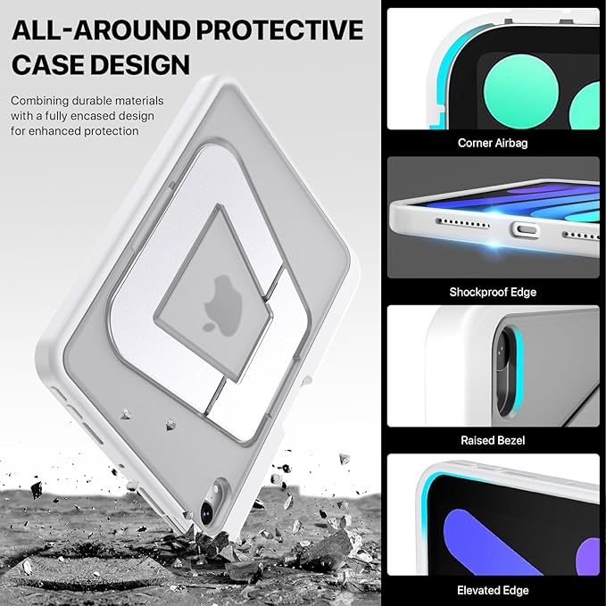 iPad mini Case for A17 Pro/6th Gen, Dual Kickstand Protective Cover with Apple Pencil Holder for 8.3” iPad mini (White, iPad mini A17 Pro/6th)