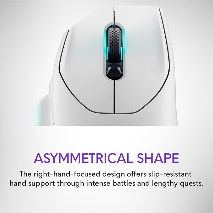 Alienware Wireless Gaming Mouse AW620M - Wireless/Wired, 1 x USB - 4 pin USB Type A, 26000 dpi, 3.52oz (99g) Weight, 7 Buttons, Non-Slip Grip, up to 140 Hours of Gaming - Lunar Light