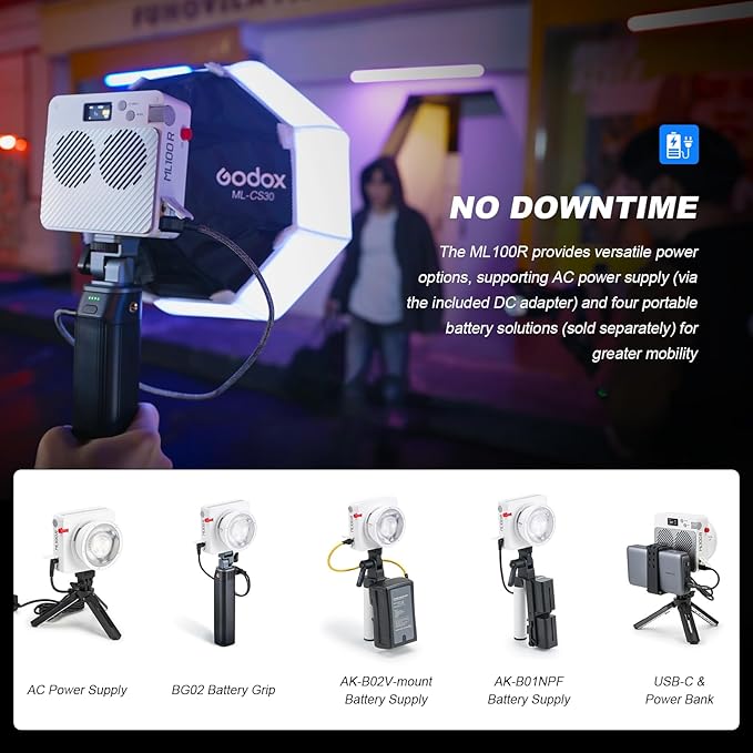 Godox ML100R RGB LED Video Light with Battery Grip & Carry Case, 110W Full-Color, 1800K-10000K CRI 97+/TLCI 98+, 14 FX Effects APP Control Portable Video Light for Studio/Streaming/Outdoor Photography