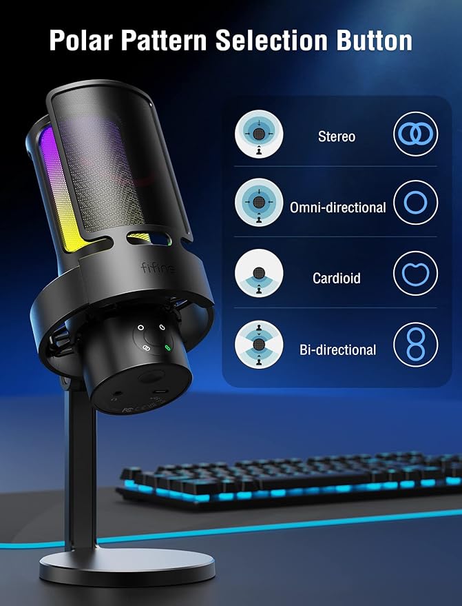 FIFINE Gaming USB Microphone, PC Computer Mic with 4 Polar Patterns for Podcast Streaming Recording YouTube, RGB Condenser Desktop Mic for Windows, Mac, with Headphone Jack-AmpliGame A8 Plus