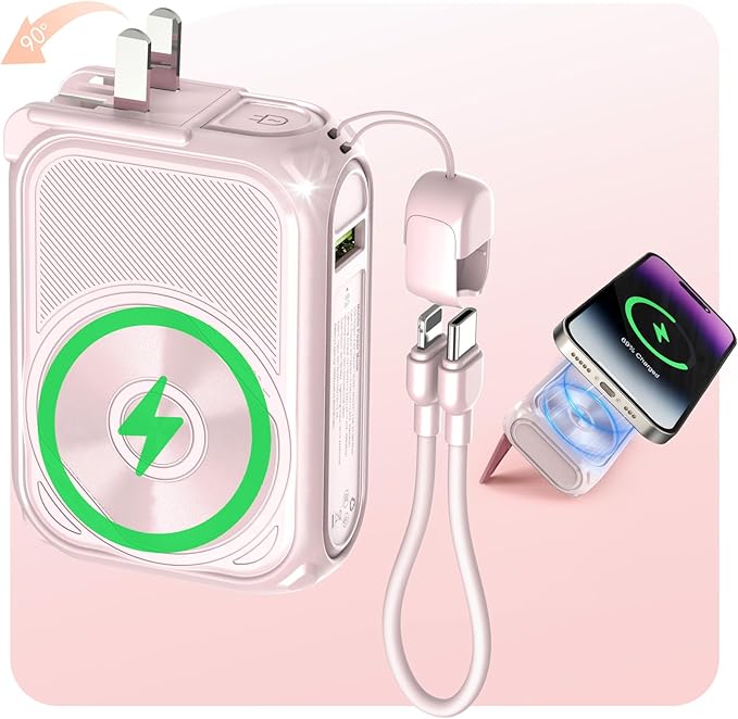 P05 Portable Charger, Magnetic Power Bank, Small Wireless PowerBank,Emergency Battery Pack 10000mAh Travel Essentials Fast Charging with Built in Cable, Wall Plug for iPhone,Samsung,Andriod (Pink)