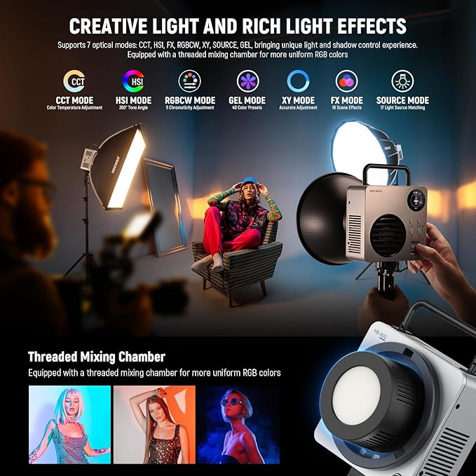 NEEWER 80W RGBWW LED Video Light with 72Wh Battery, 100W PD Fast Charger, APP/2.4G Control, 10400lux/m 2500K-7500K, Mini RGB Bowens Mount Studio Photography Recording Continuous Output Lighting, HB80C