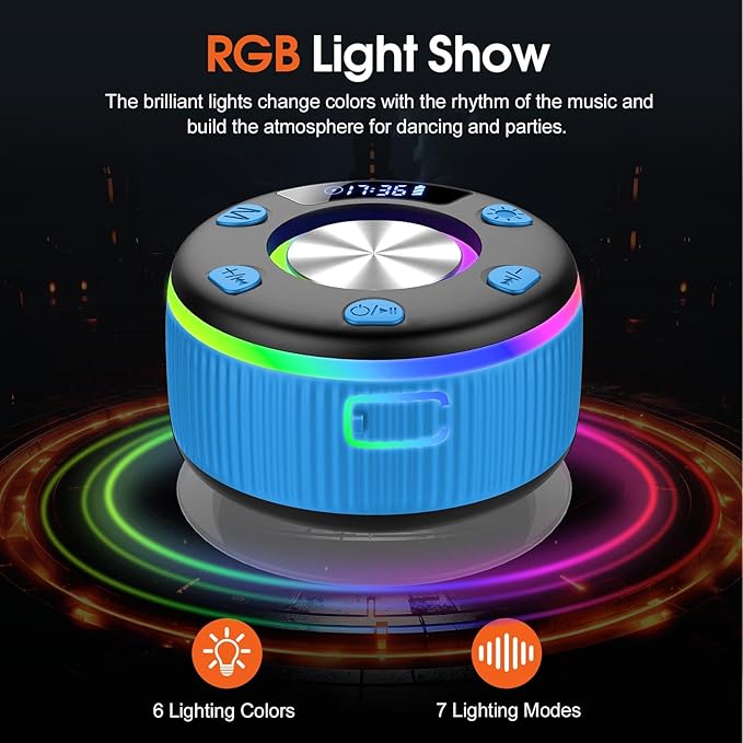 Bluetooth Shower Speaker, Portable Bluetooth 5.3 Speakers Wireless with Time Display, IP7 Waterproof Speakers with RGB Light, Suction Cup, Mini Stereo Speaker for Bathroom Party Beach Outdoor, Blue