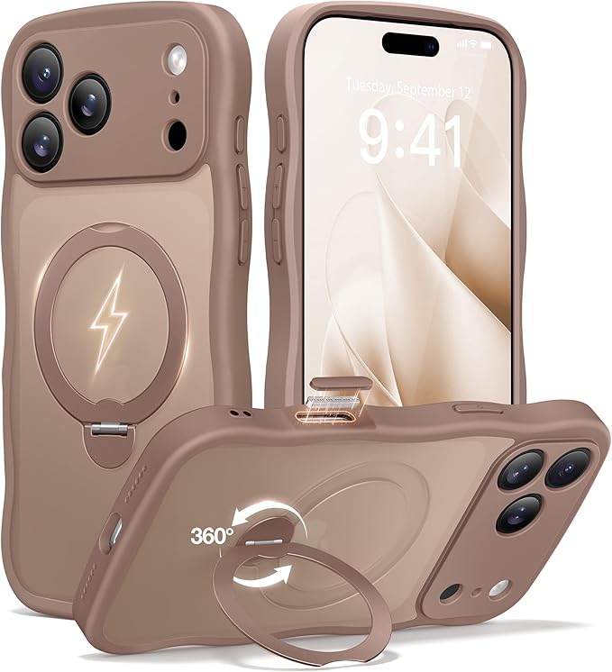 CAPRARO for iPhone 17 Pro Max Case with 360° Spin Magnetic Stand for Women, [Compatible with MagSafe] [Full Camera Protection] Cute Wave Translucent Matte Case for iPhone 17 Pro Max, Brown