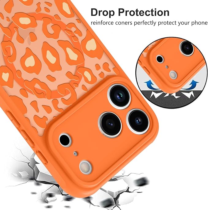 KANGHAR Case Compatible with iPhone 17 Pro Orange Leopard Printed Pattern [Compatible with Magsafe] Cute Cheetah Protective Magnetic Case for Girls Women 6.3"