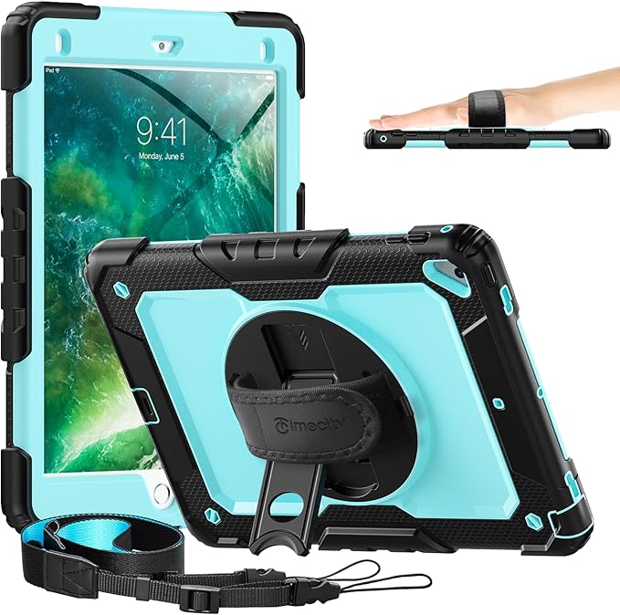 Timecity Case for iPad 6th/5th Generatio 9.7 Inch 2018/2017 with Rotating Stand/Strap, Full-Body Silicone+PC Protective Case for iPad 5th/6th Gen/Air 2/ Pro 9.7 - SkyBlue