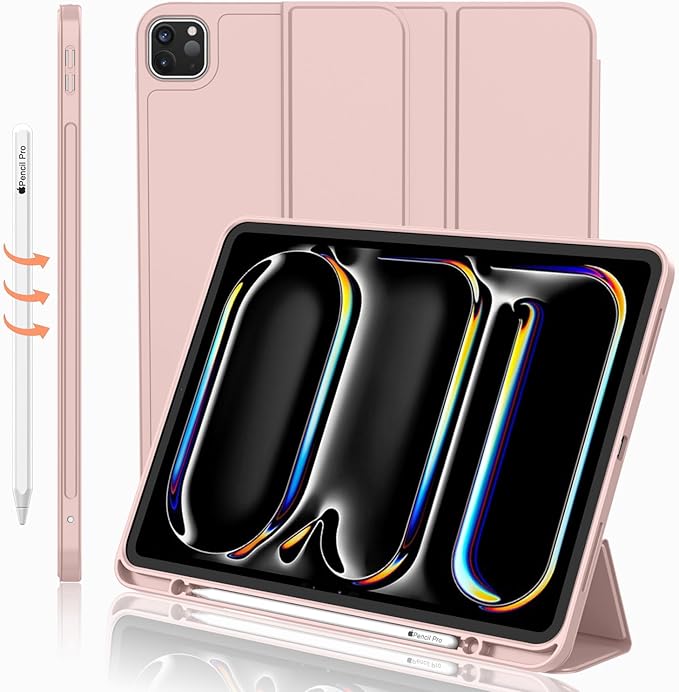 iMieet iPad Pro 13 Inch Case (M5/M4) 2025/2024 with Pencil Holder, Trifold Stand Smart Case with Soft TPU Back, Auto Wake/Sleep (Rose Pink)