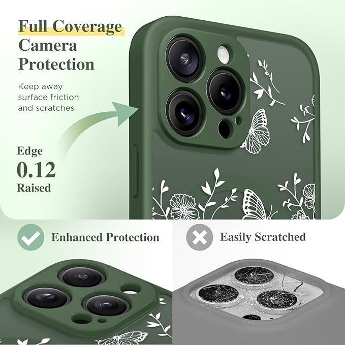 GVIEWIN for iPhone 16 Pro Max Case Compatible with MagSafe, [Military Grade Protection] [Screen Protector] Full Camera Protection Floral Translucent Women Magnetic Phone Case, Tuberose/Forest Green