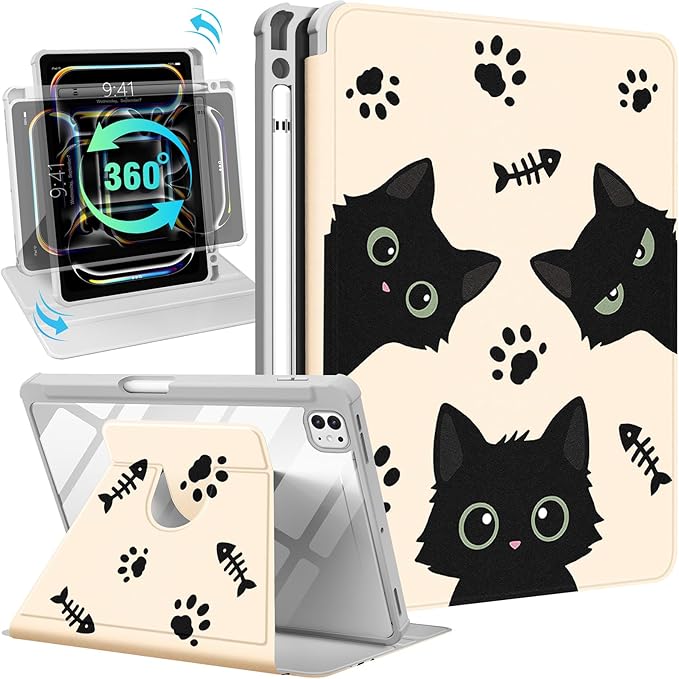 Uppuppy for iPad Pro M4/M5 Case 11 inch - 360 Degree Rotating Stand Folio Smart Cover with Pencil Holder for Women Girls, Black Cats for iPad Pro 11 inch Case 2024 M4/2025 M5