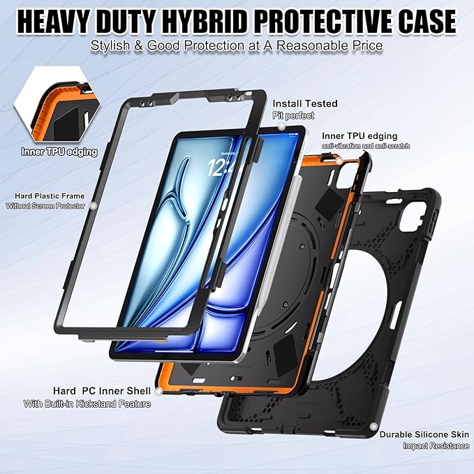 SCSVPN Case for iPad Air 13 inch M4 2026 /M3 2025/M2 2024 & iPad Pro 12.9 Case 6th/5th/4th/3rd Gen 2022 2021 2020 2018, Drop Protective Cover with Pencil Holder, Stand, Handle, Shoulder Strap - Black