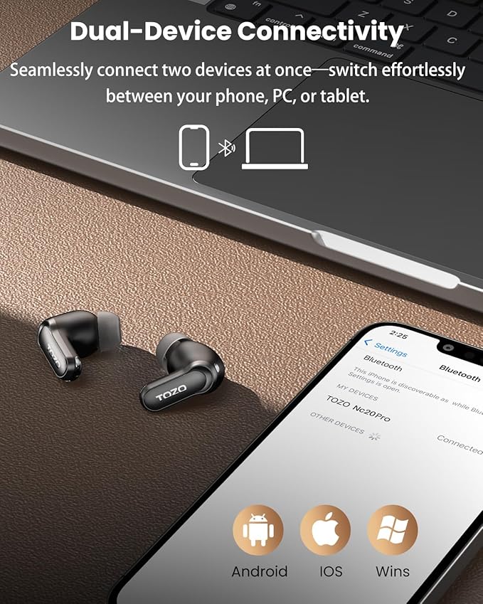 TOZO NC20 Pro Active Noise Cancelling Wireless Earbuds with Smart Touch Screen, LDAC Hi-Res Audio, Stereo Bass, 6 Mics AI Call Ear Buds, 80H Playtime, IPX8 Waterproof, 32 EQ via App, Wireless Charging