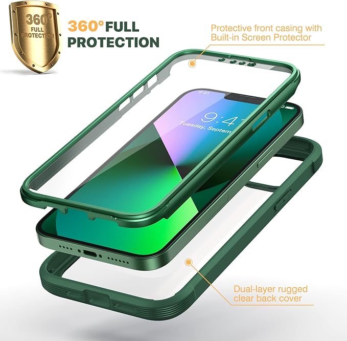 Diaclara Designed for iPhone 13 Case, Full Body Rugged with Built-in Touch Sensitive Anti-Scratch Screen Protector, Soft TPU Bumper Case for iPhone 13 6.1" (Green)