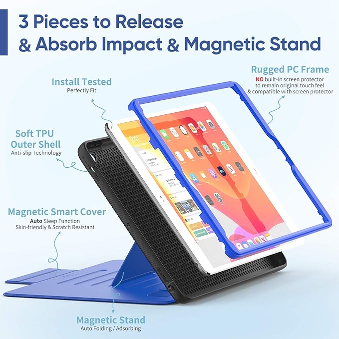 SEYMAC stock Case for iPad 6th/5th Generation/Air 2/Pro 9.7'', Strong Magnetic Auto Sleep Shockproof Case with Absorbing Multi-Angles Stand, Pen Holder, Card Slot (Blue)