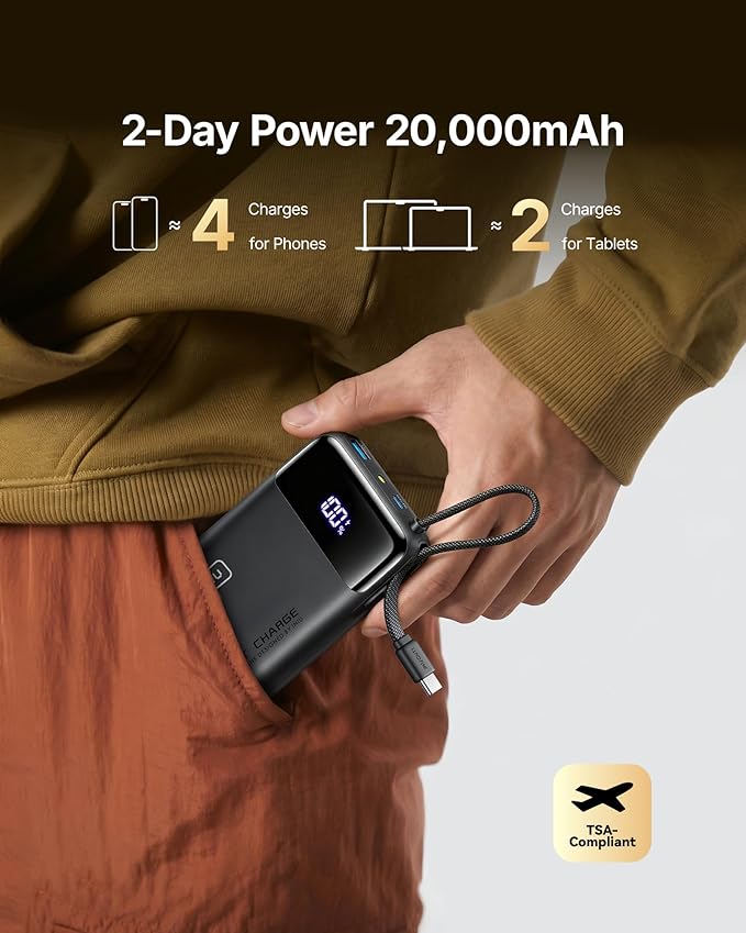 INIU 20000mAh Power Bank, Smaller 45W PD Fast Charging Portable Charger, Battery Pack with Build in USB C Cable, Travel Phone Flight-Safe Powerbank for iPhone 17 16 Samsung S26 Google iPad, Black